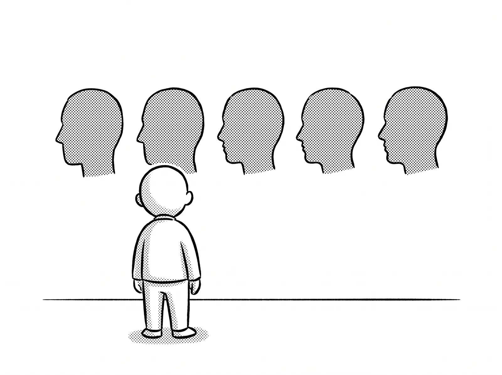 同じ人物の横顔の影絵が並んでいるが、1枚ごとに少しずつ形がずれている。依頼主が後ろ姿で見比べている