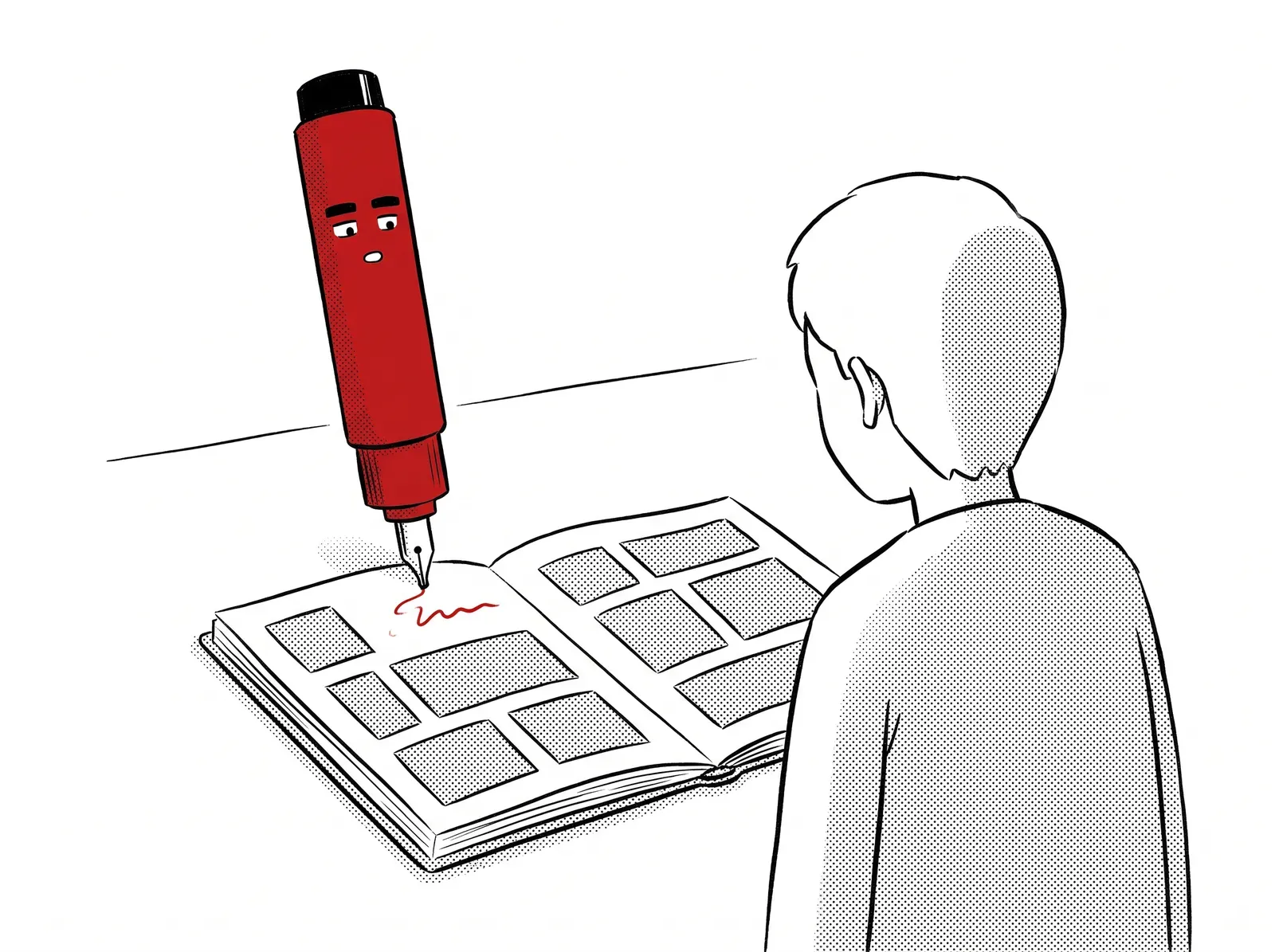 散らばっていた告知が1冊の予定帳に日付順に収まり、Solb（朱ペン）が予定帳に書き込んでいる。依頼主が後ろからのぞいている