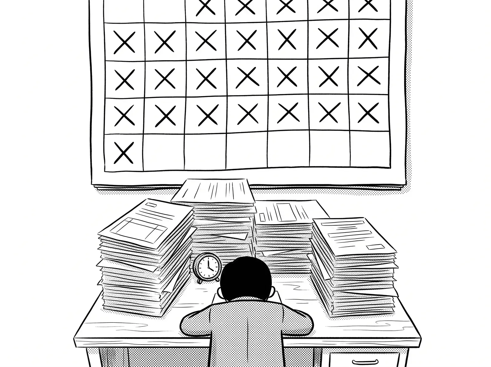 ×の並んだ月末の暦の前で、依頼主が書類の束に埋もれて机に向かっている