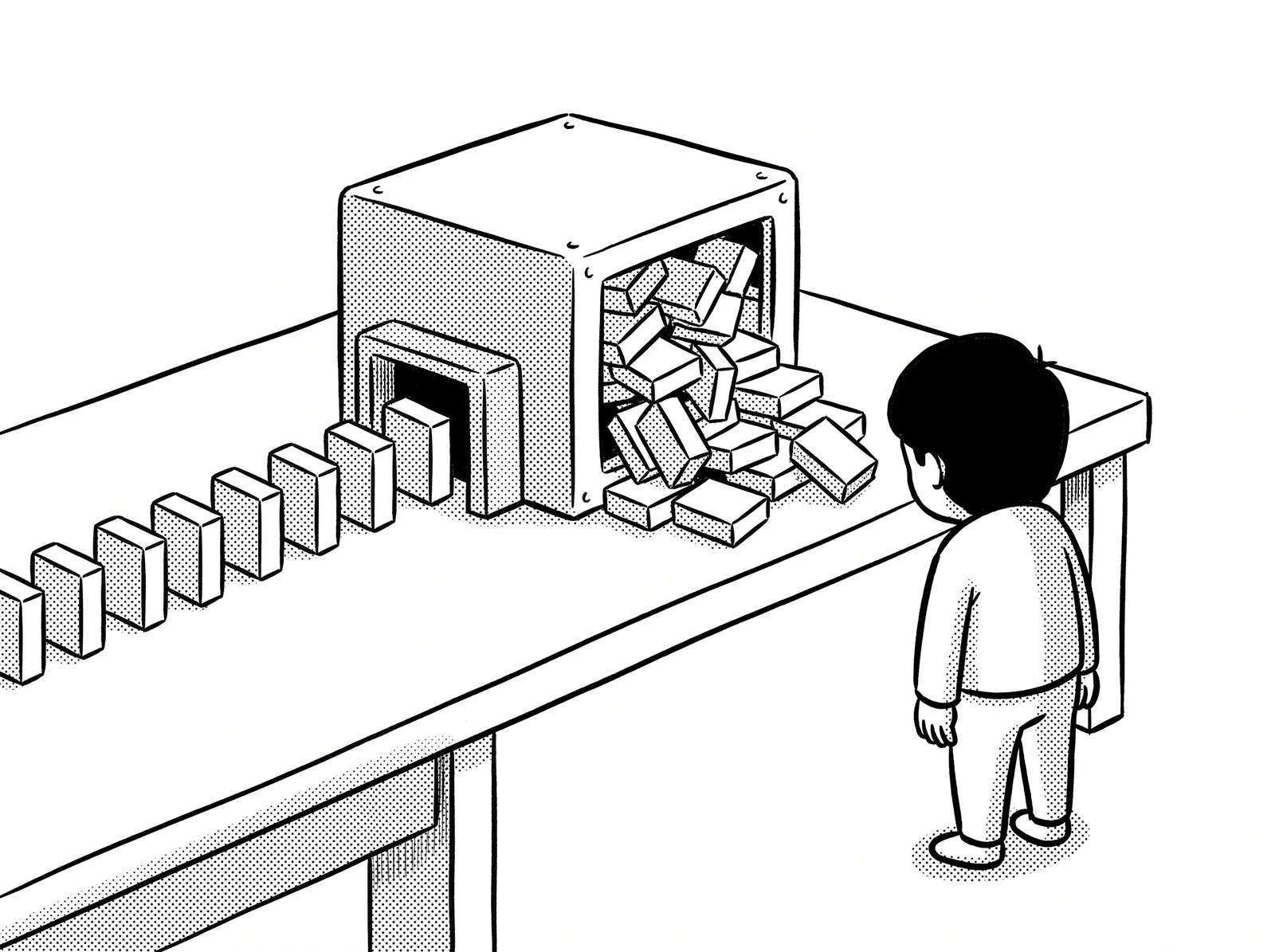 小さな古い箱の機械に部品の列が詰まり、入りきらない部品があふれている。依頼主が見ている