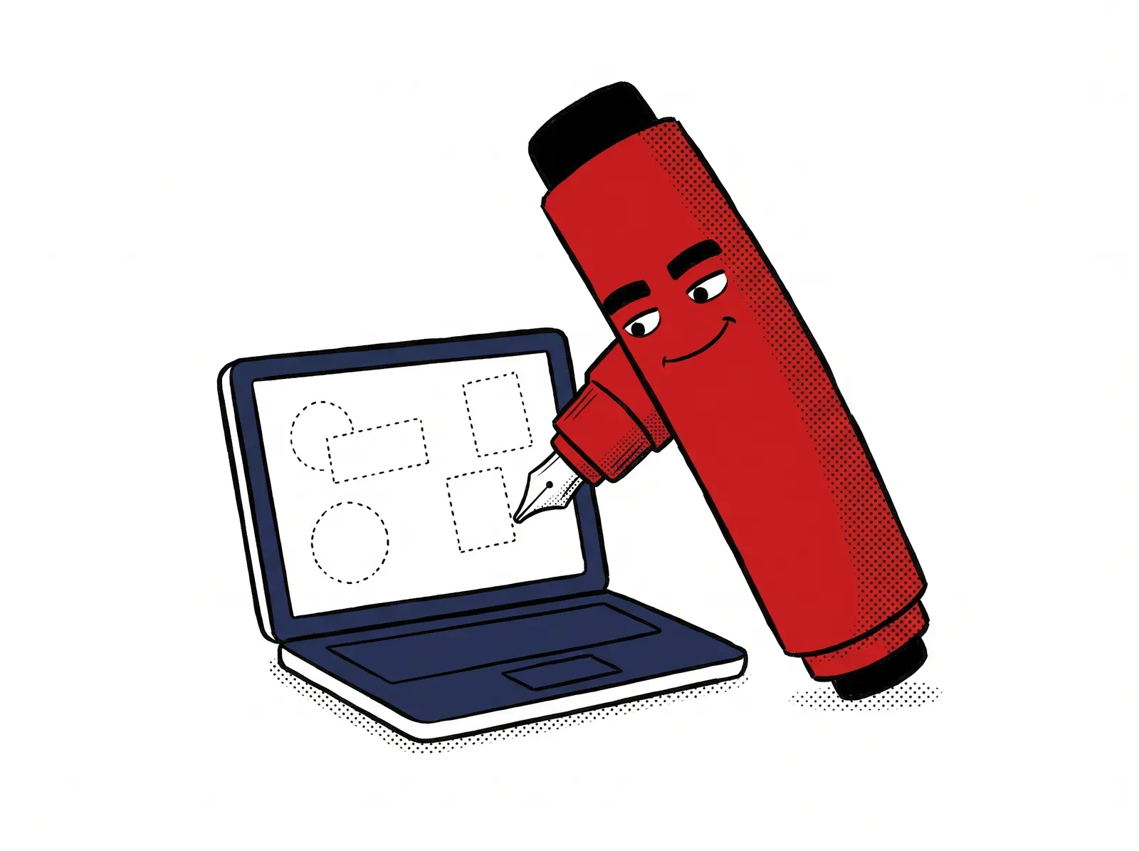 Solb（朱ペン）が、画面の点線の案に書き込んでいる